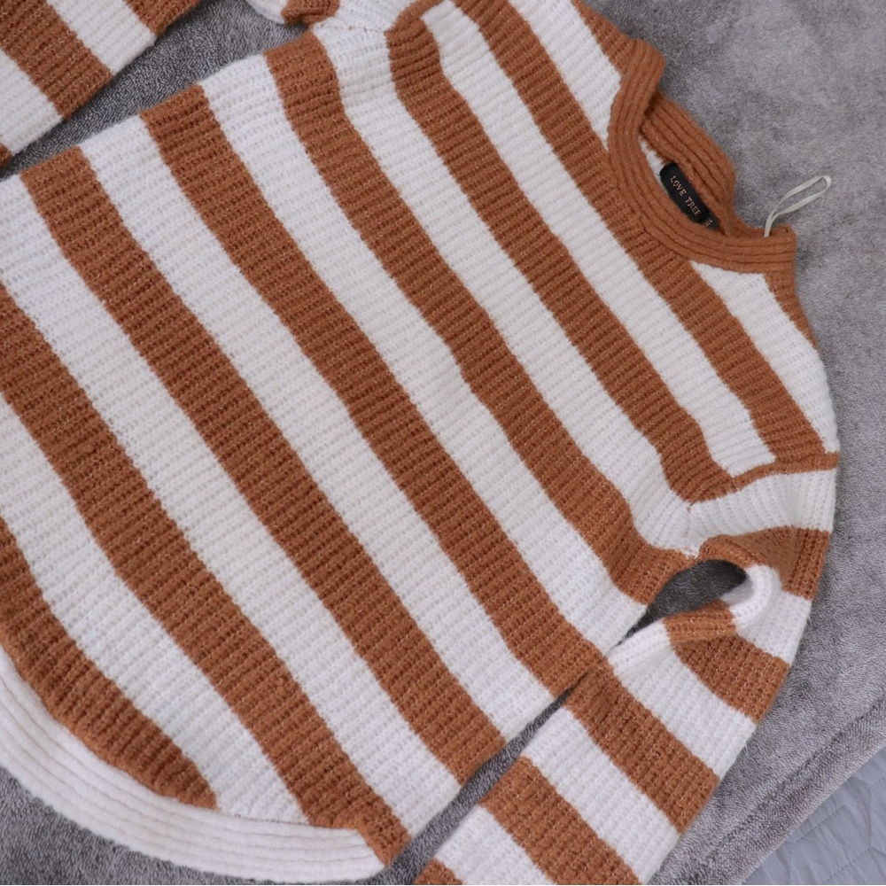 Women’s size small sweater, rusty brown and white striped, used-like new